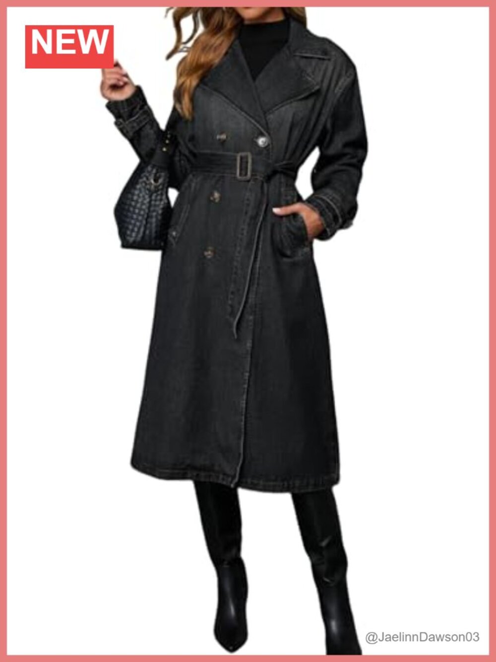 Vintage Denim Trench Coat Double Breasted Long Jean Jacket Belted